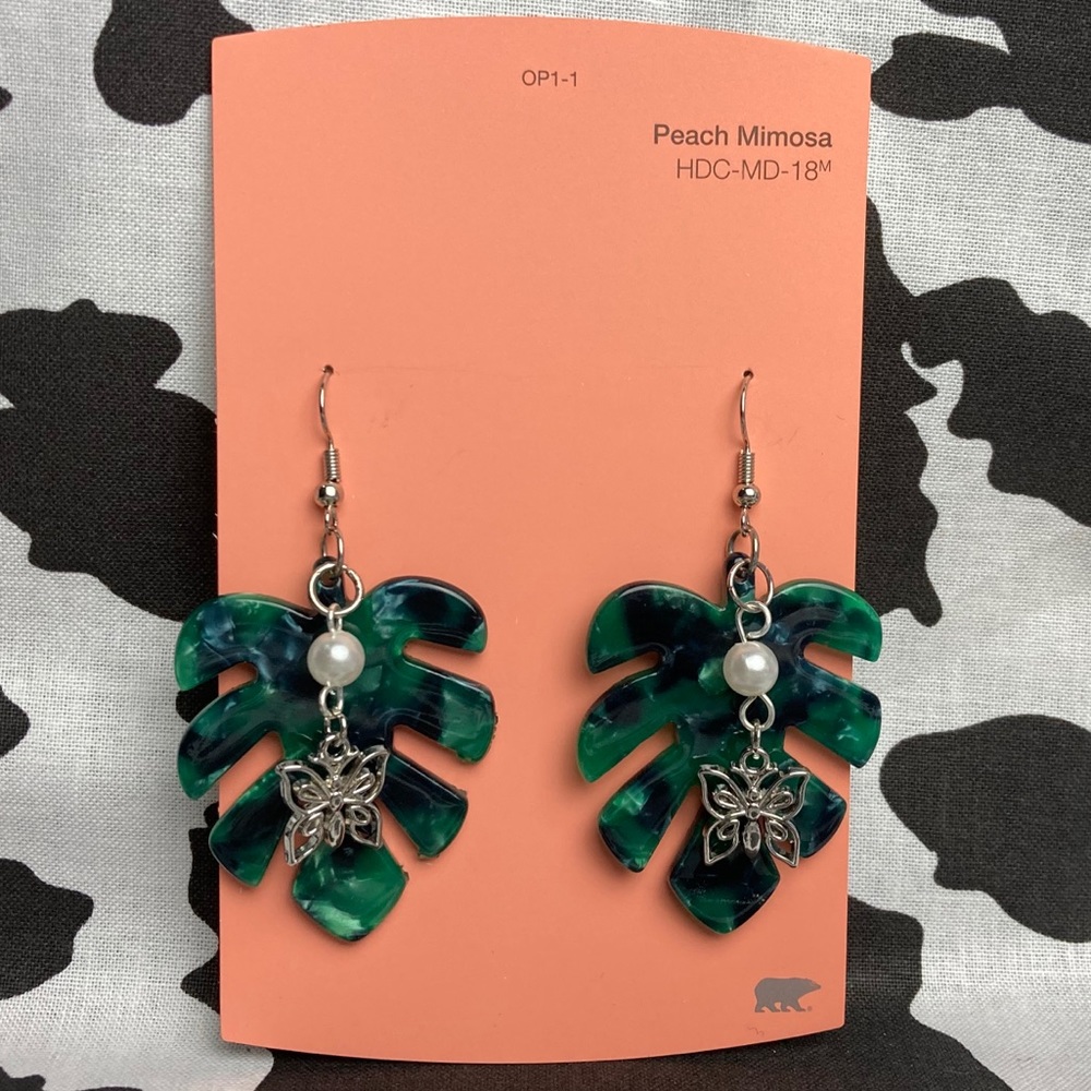 Monstera Leaf Pearl Butterfly Dangly Earrings